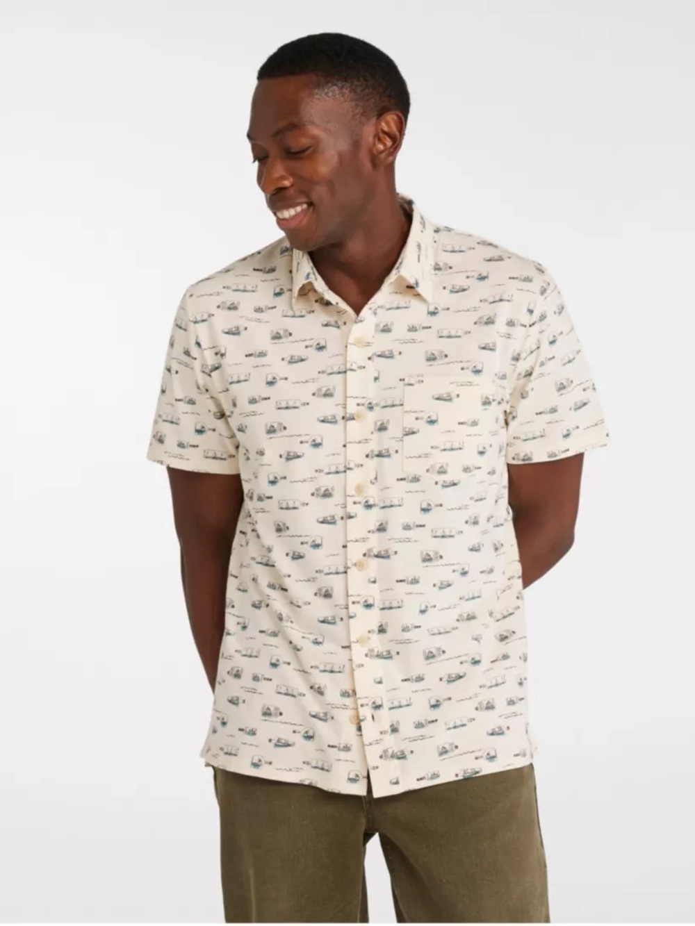Nautical L.L. Bean Organic Cotton Ship in Bottle Print Short Sleeve Button Down